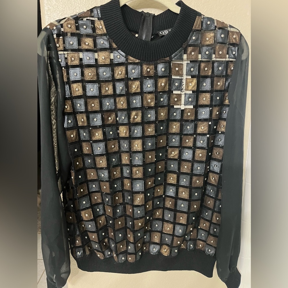 Grayse by designers Kelly and Marie Gray Checkered leather and grommet top